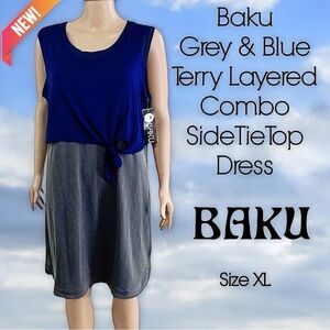 NEW Baku Grey & Blue Terry Layered Combo Side Tie Top Dress